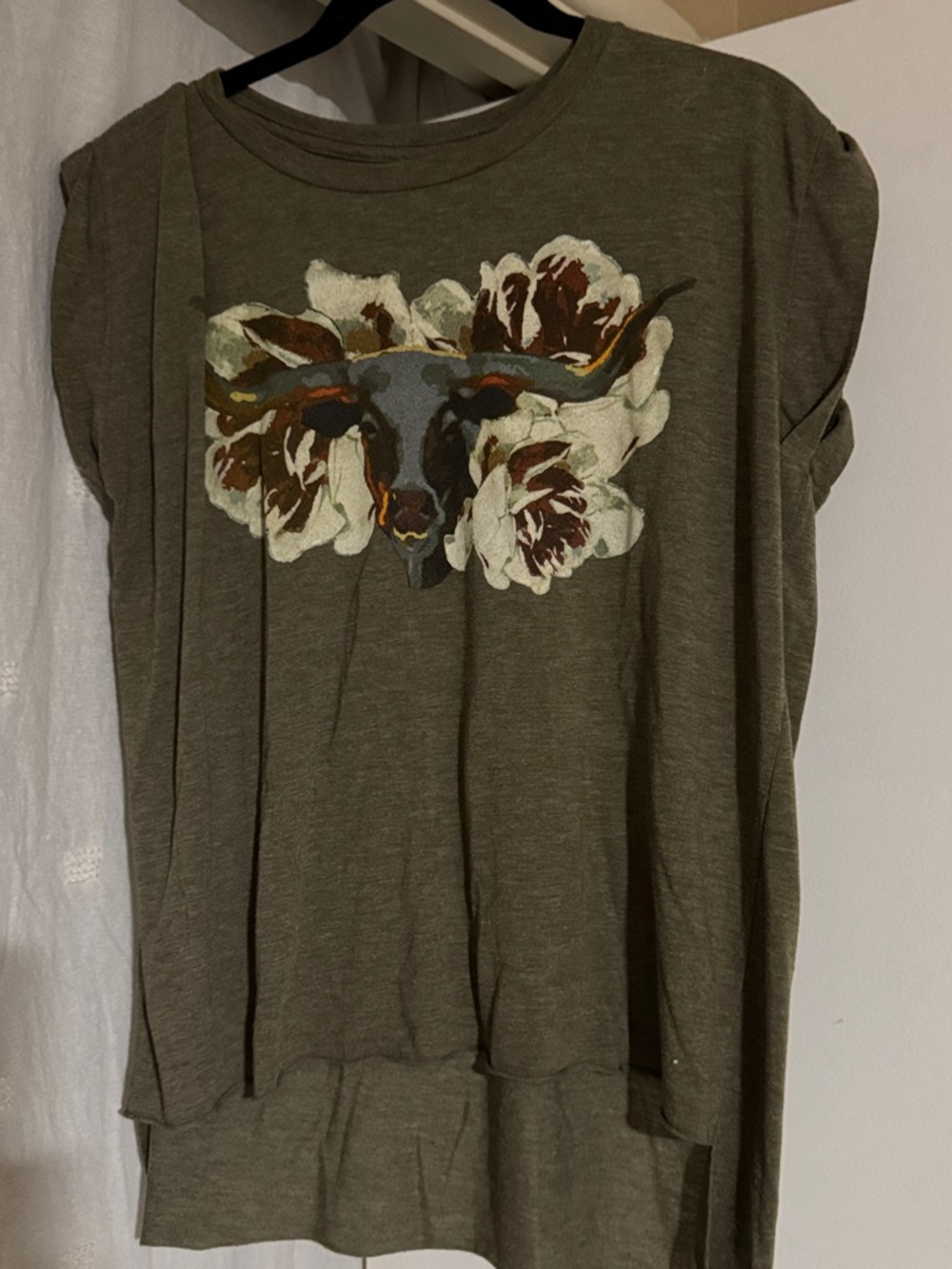 Women’s Olive Green Short Sleeve Graphic Tee with Floral Longhorn
